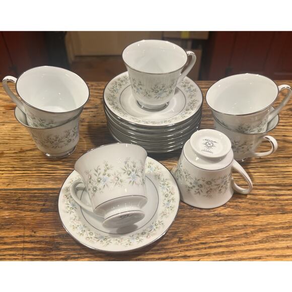 14 PIECE Noritake SAVANNAH 2031 FOOTED Cups & Saucers NM! Platinum Trim 6" - Picture 1 of 11